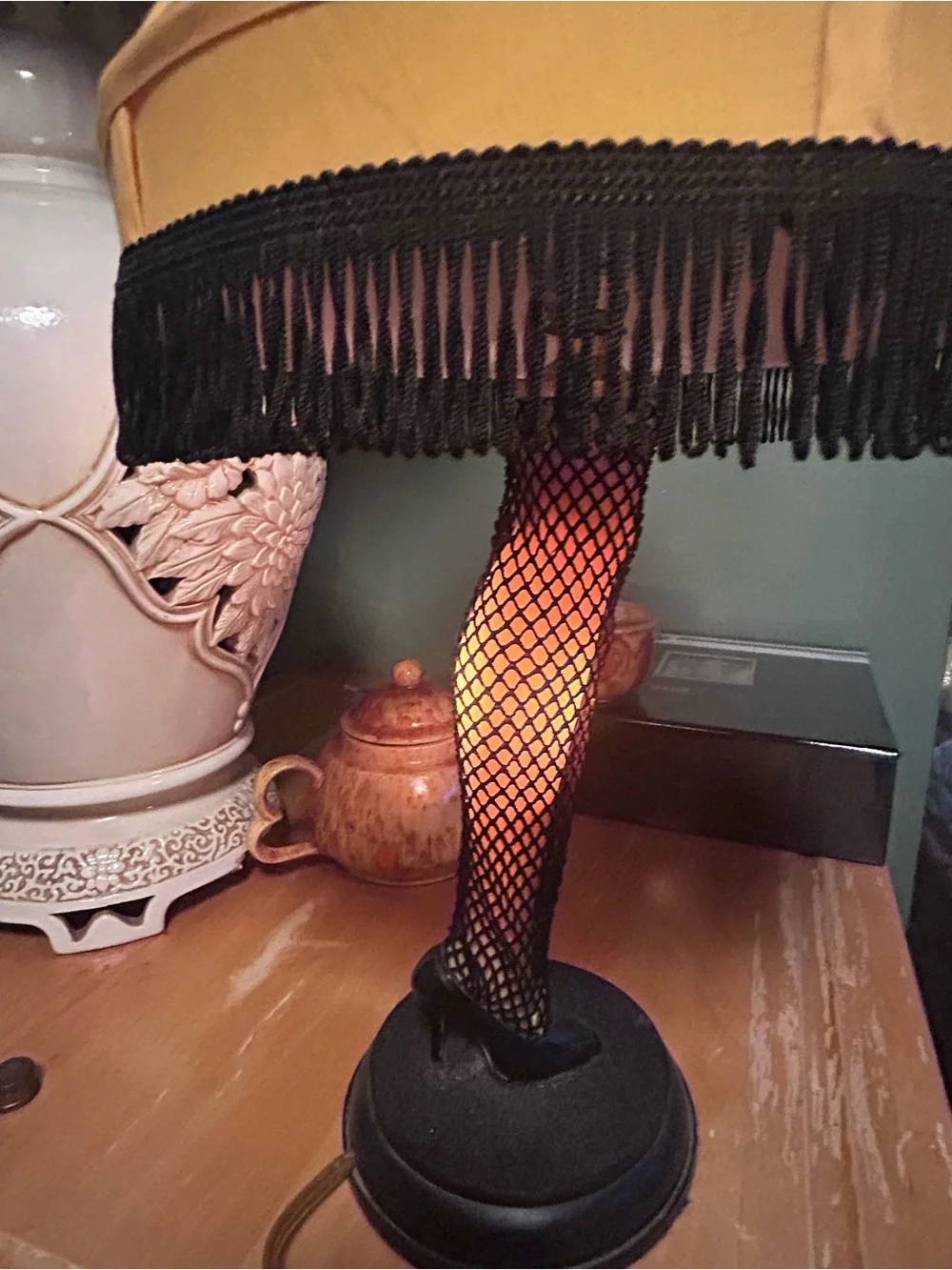 Vintage-Inspired Christmas Story Fishnet Leg Table Lamp with Gold Shade